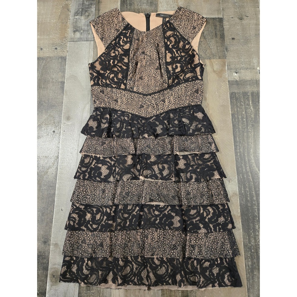 BCBGMAXAZRIA Kayla Black Lace Over Nude Tiered Ruffle Cocktail Dress Size 6